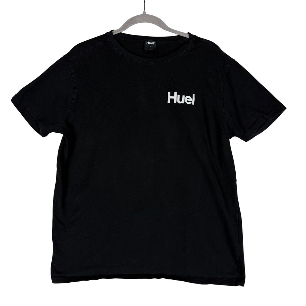 Huel Shirt Mens Large Black Logo Graphic Tee Back Print Stretch Crewneck Cotton